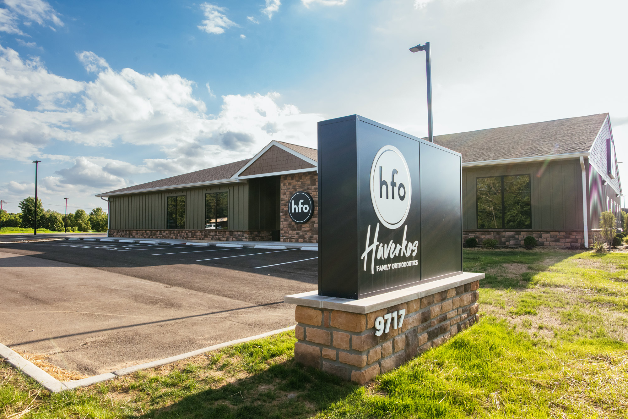 Exterior and monument sign of the Haverkos Family Orthodontics office at 9717 Dry Fork Rd in Harrison, Ohio